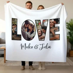 Personalisierte XXL Kuscheldecke mit 4 Fotos im LOVE Design & Wunschtext | Fotodecke für Paare