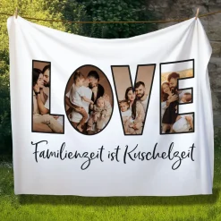 Personalisierte XXL Kuscheldecke mit 4 Fotos im LOVE Design & Wunschtext | Fotodecke für Paare