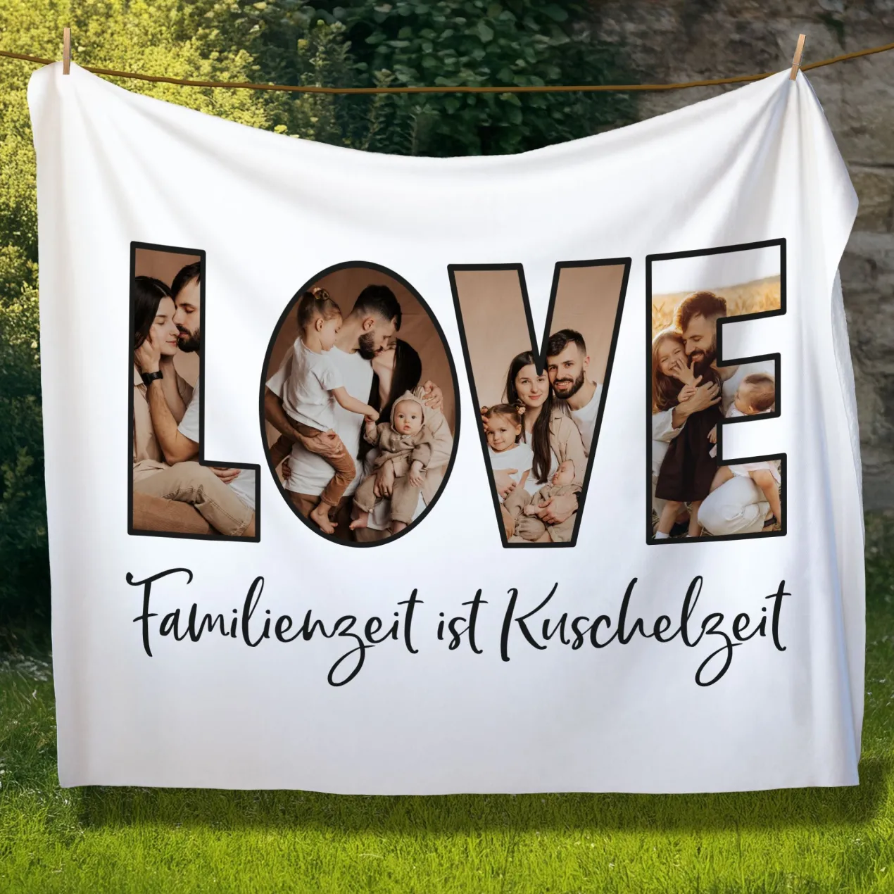 Personalisierte XXL Kuscheldecke mit 4 Fotos im LOVE Design & Wunschtext | Fotodecke für Paare