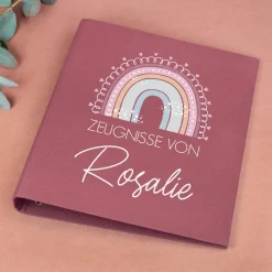 Personalisierte Zeugnismappe aus Leinen mit Name und Regenbogenmotiv | Farbauswahl