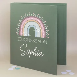 Personalisierte Zeugnismappe aus Leinen mit Name und Regenbogenmotiv | Farbauswahl