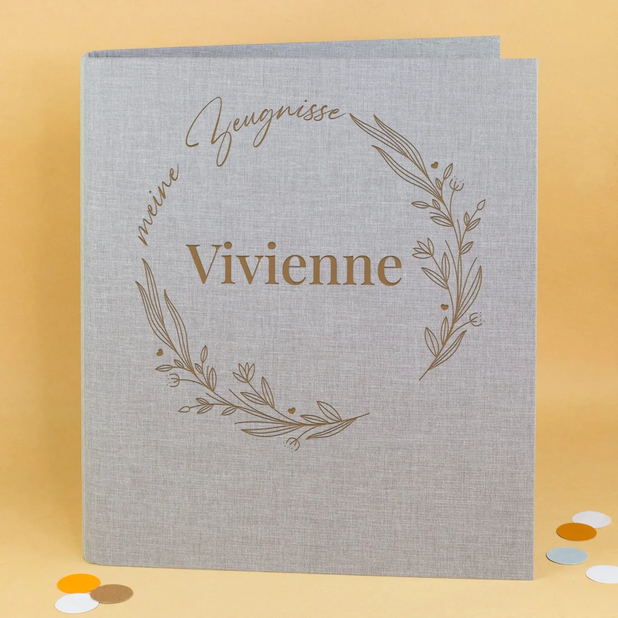 Personalisierte Zeugnismappe aus Leinen graviert mit Name und floralem Line Art Motiv | Farbauswahl