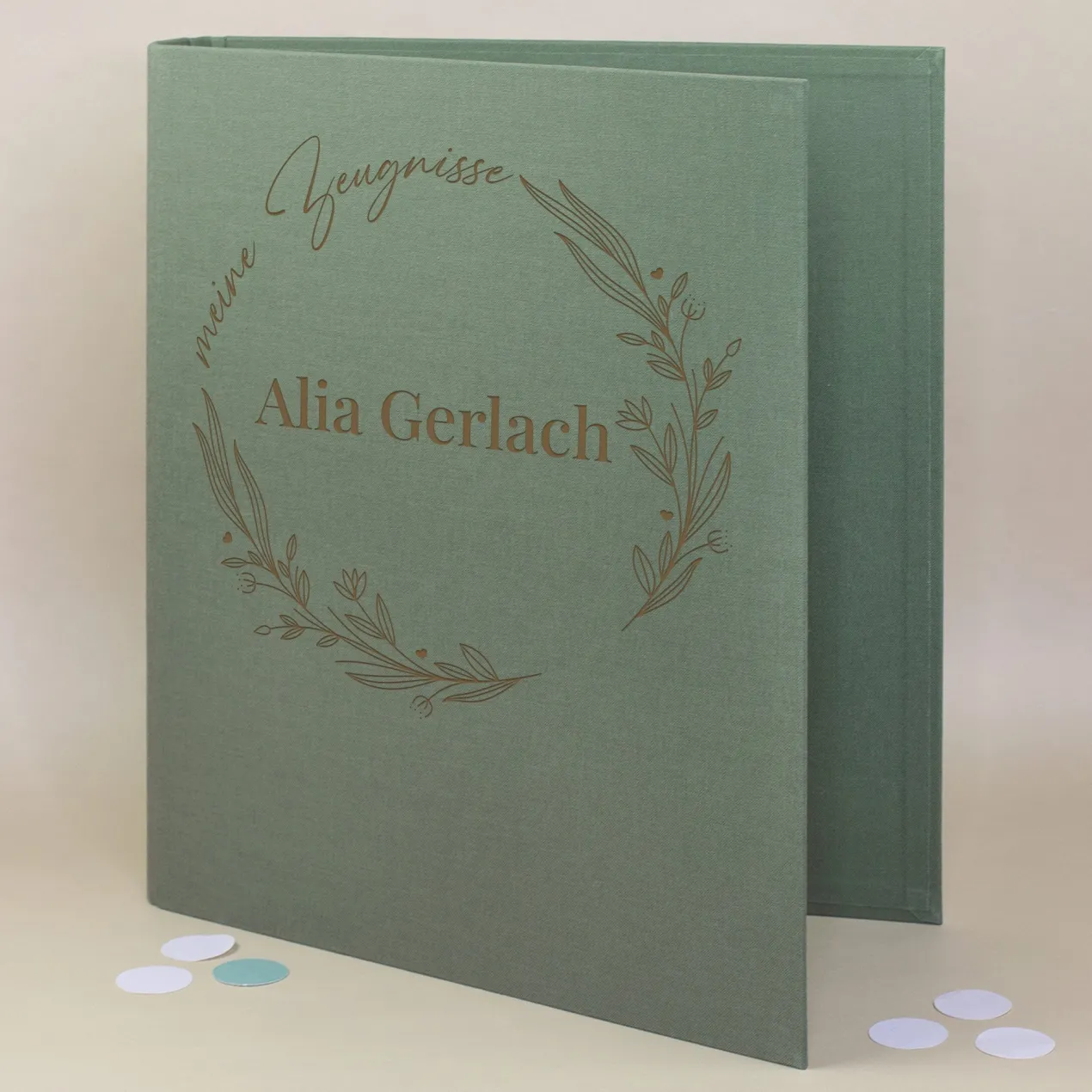 Personalisierte Zeugnismappe aus Leinen graviert mit Name und floralem Line Art Motiv | Farbauswahl