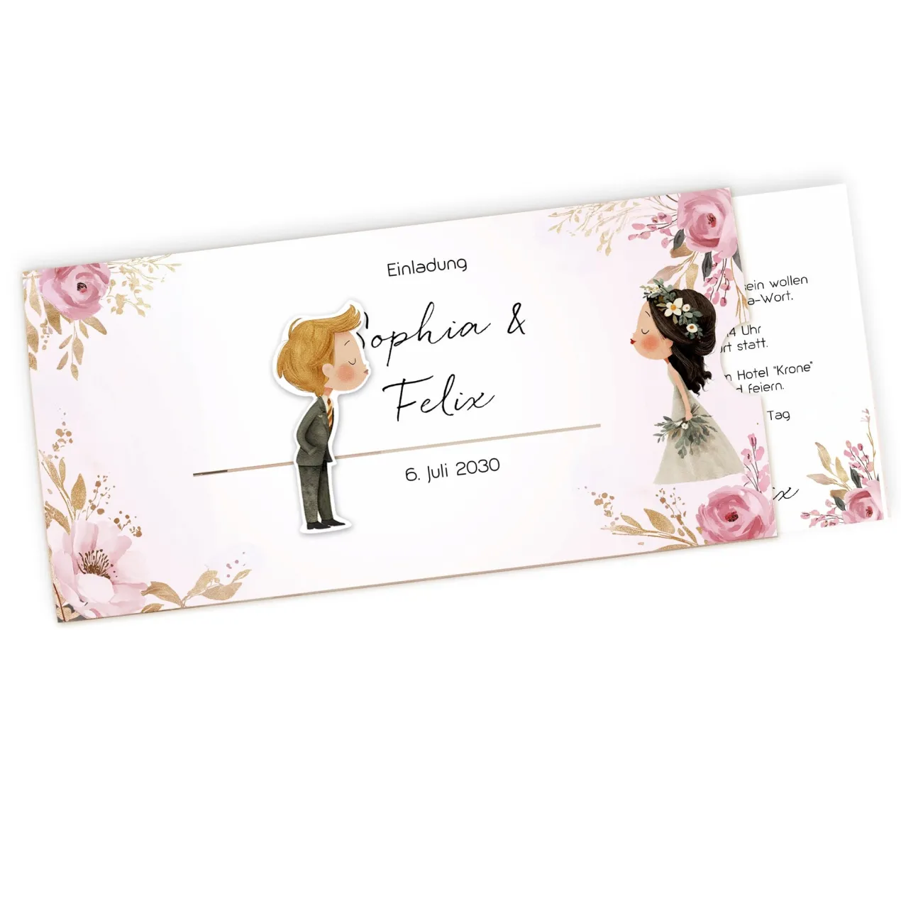 Personalisierte Ziehkarte als Hochzeitseinladung mit Kussmotiv Brautpaar | Effektkarte DIN-lang