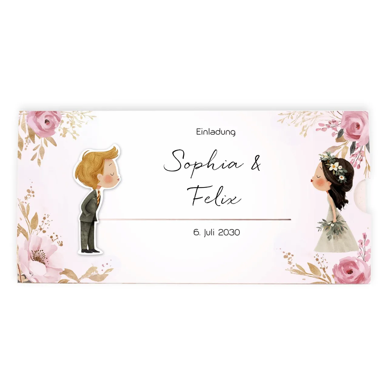 Personalisierte Ziehkarte als Hochzeitseinladung mit Kussmotiv Brautpaar | Effektkarte DIN-lang