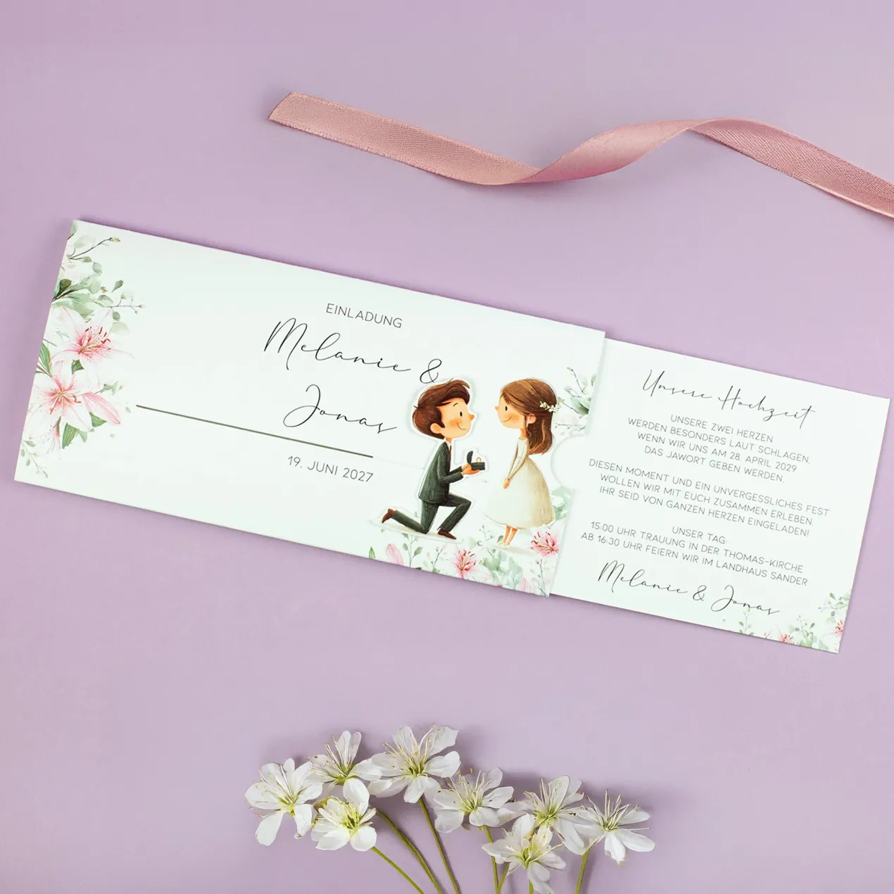 Personalisierte Ziehkarte als Hochzeitseinladung mit Junge & Mädchen | Effektkarte zur Hochzeit
