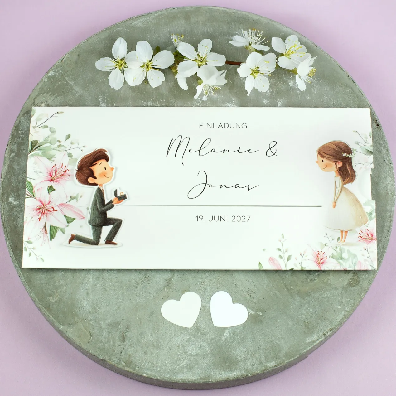 Personalisierte Ziehkarte als Hochzeitseinladung mit Junge & Mädchen | Effektkarte zur Hochzeit