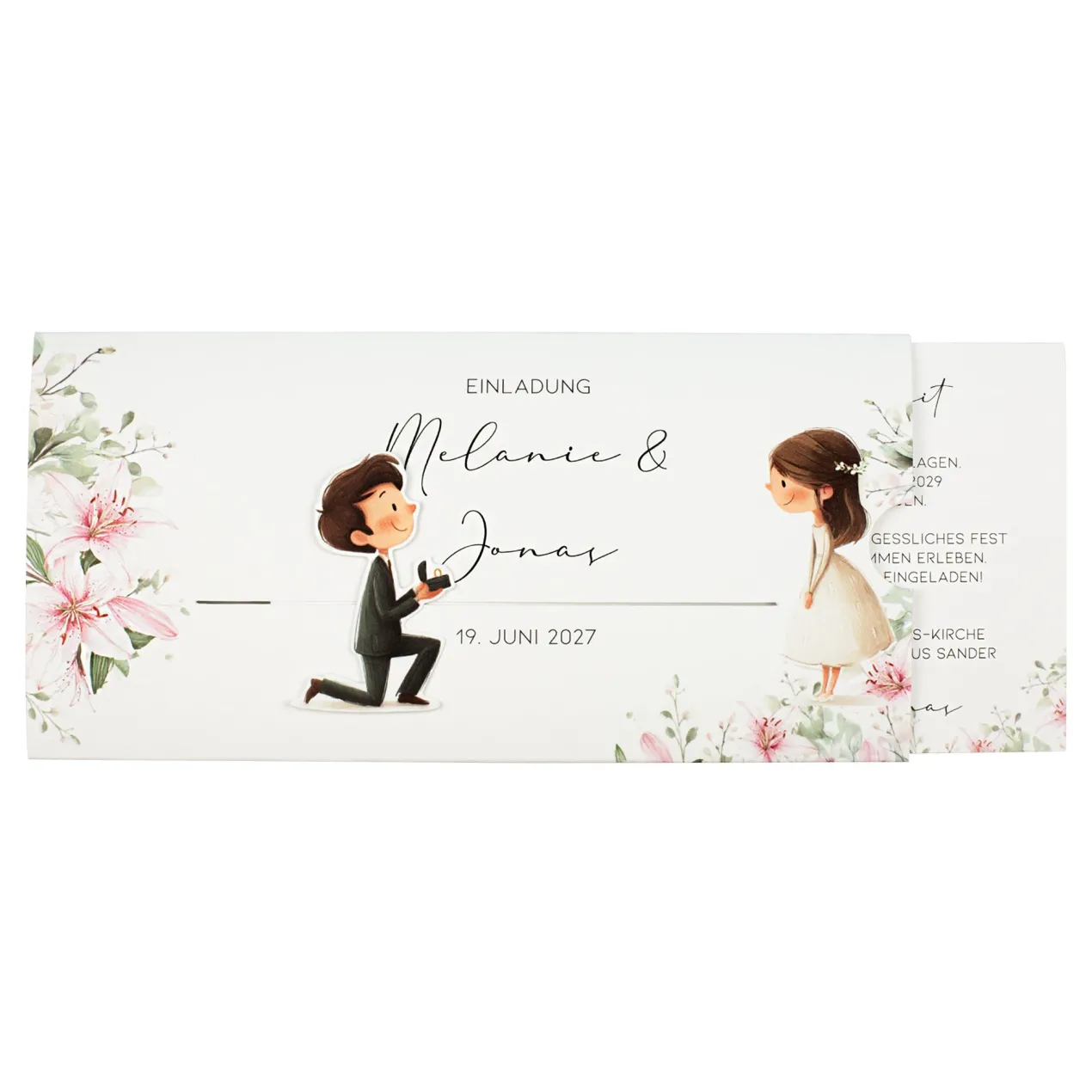 Personalisierte Ziehkarte als Hochzeitseinladung mit Junge & Mädchen | Effektkarte zur Hochzeit