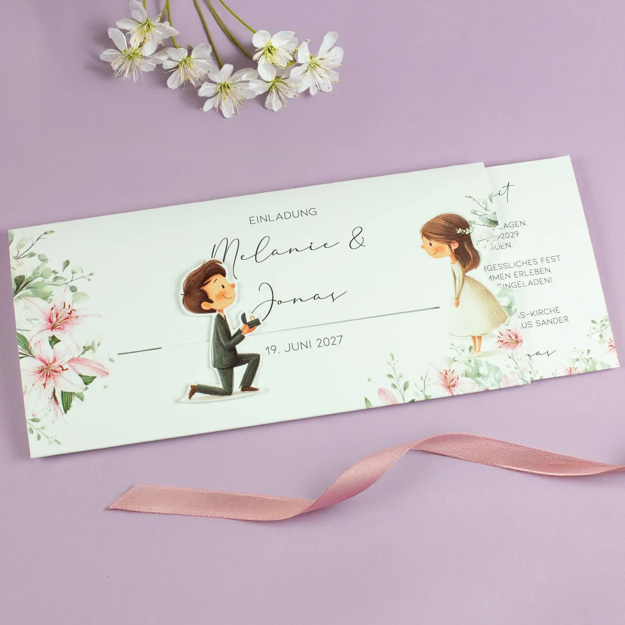 Personalisierte Ziehkarte als Hochzeitseinladung mit Junge & Mädchen | Effektkarte zur Hochzeit