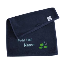 Petri Heil - dunkelblaues Handtuch mit Name bestickt für Angler, 3 Größen zur Auswahl