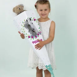 Pferde-Schultüte für Mädchen mit Blumen, Blättern und Name
