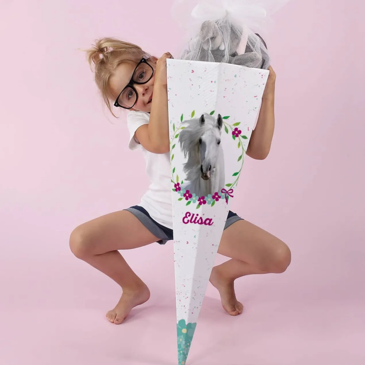 Pferde-Schultüte für Mädchen mit Blumen, Blättern und Name