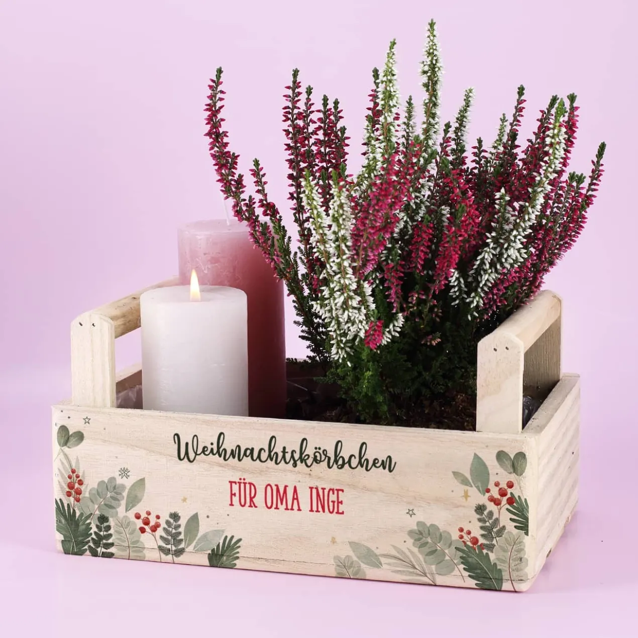 Pflanzkiste zu Weihnachten mit zwei Zeilen Wunschtext bedruckt