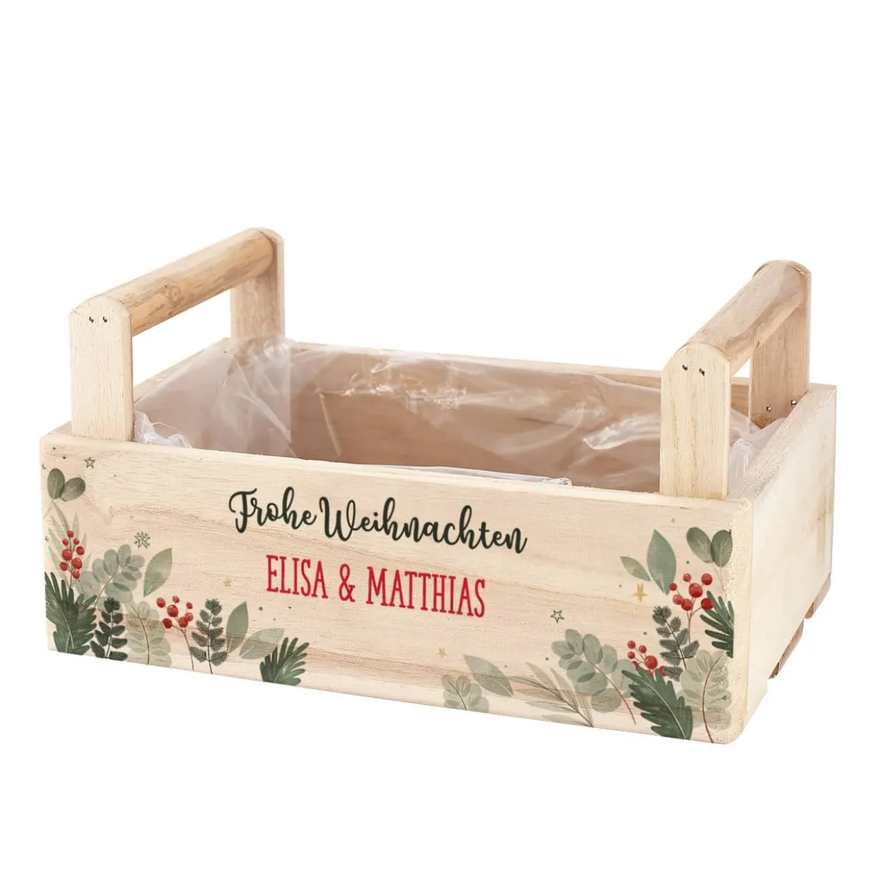 Pflanzkiste zu Weihnachten mit zwei Zeilen Wunschtext bedruckt