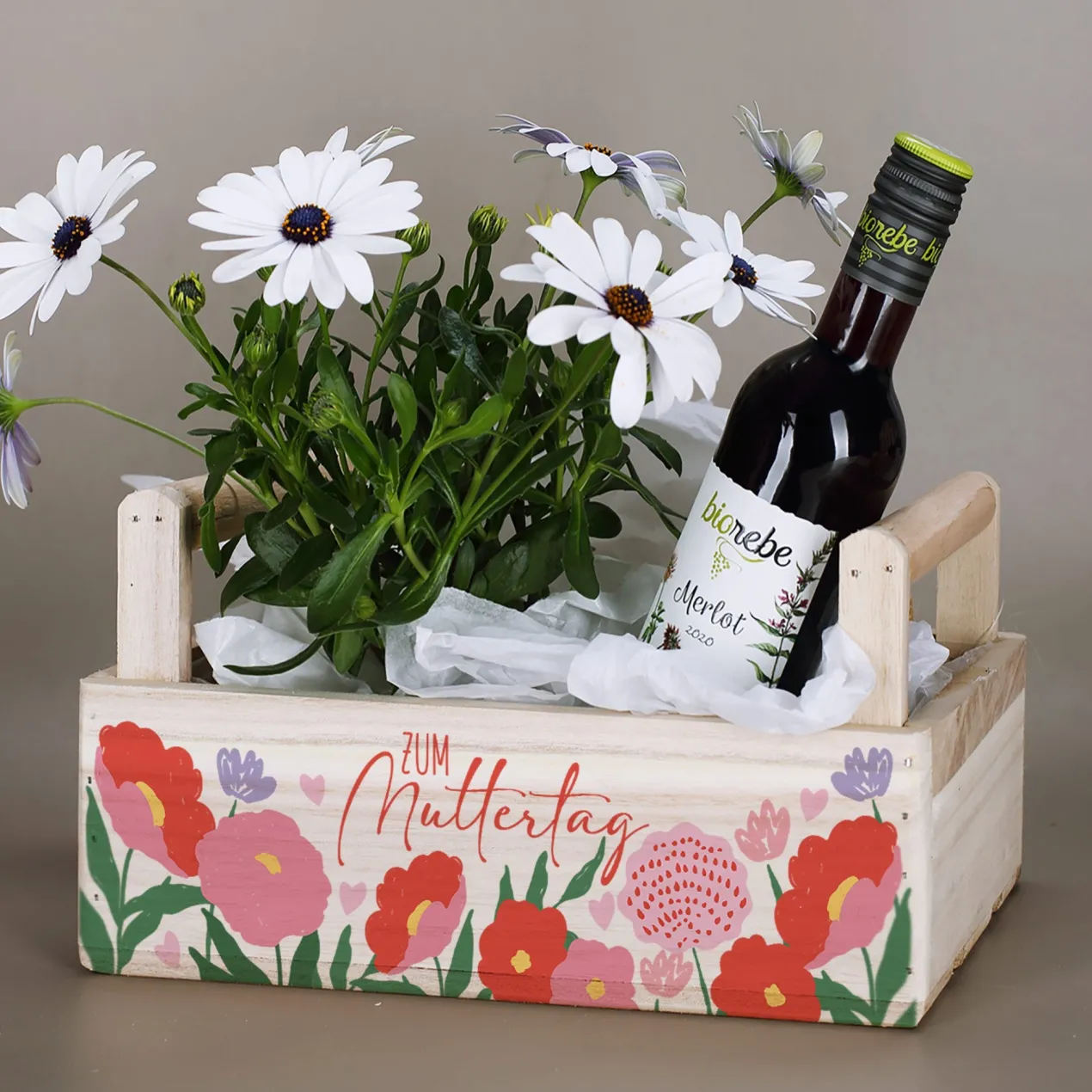 Pflanzkorb aus Holz zum Muttertag mit Blumenmotiv | Geschenkverpackung & Pflanzkiste in 3 Varianten
