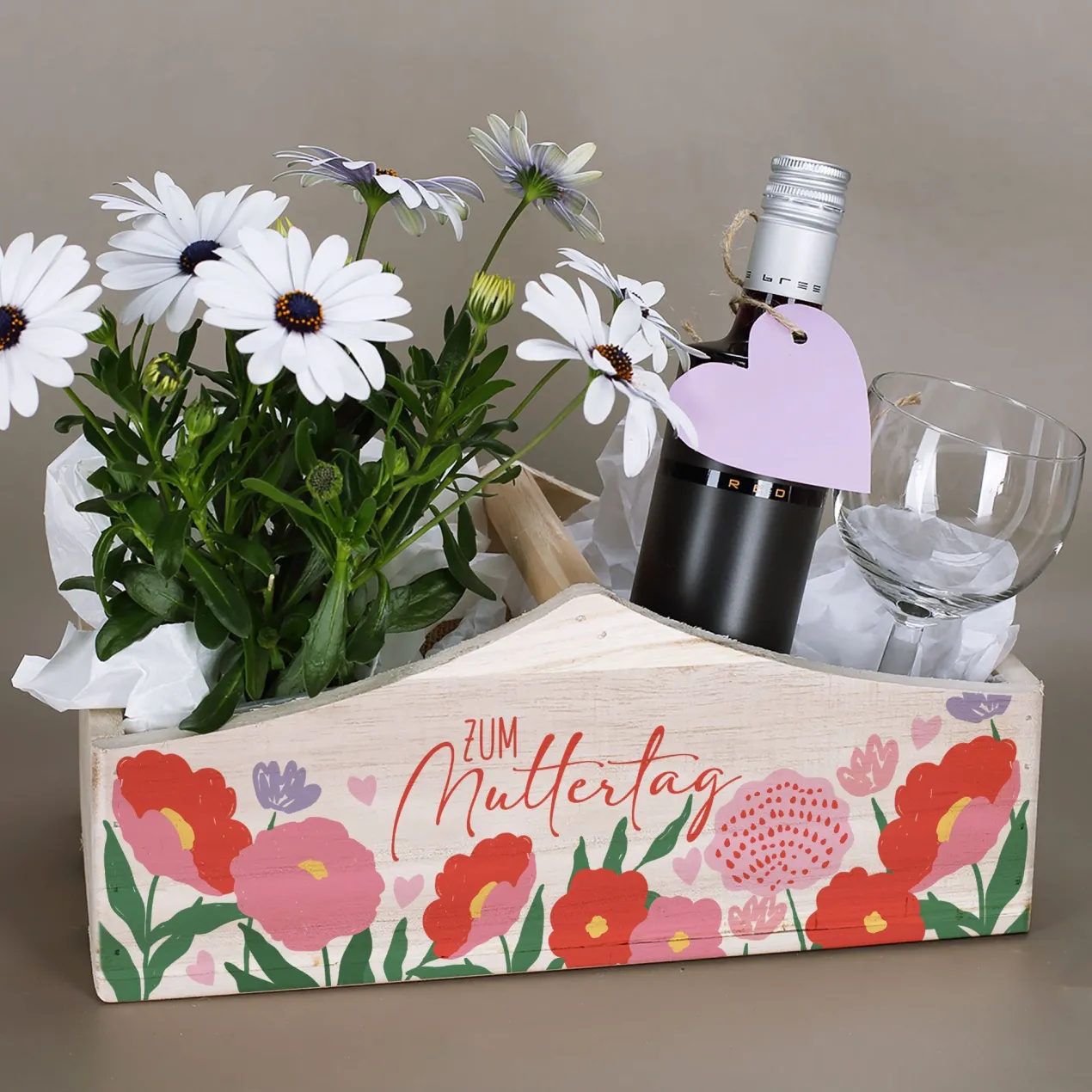Pflanzkorb aus Holz zum Muttertag mit Blumenmotiv | Geschenkverpackung & Pflanzkiste in 3 Varianten