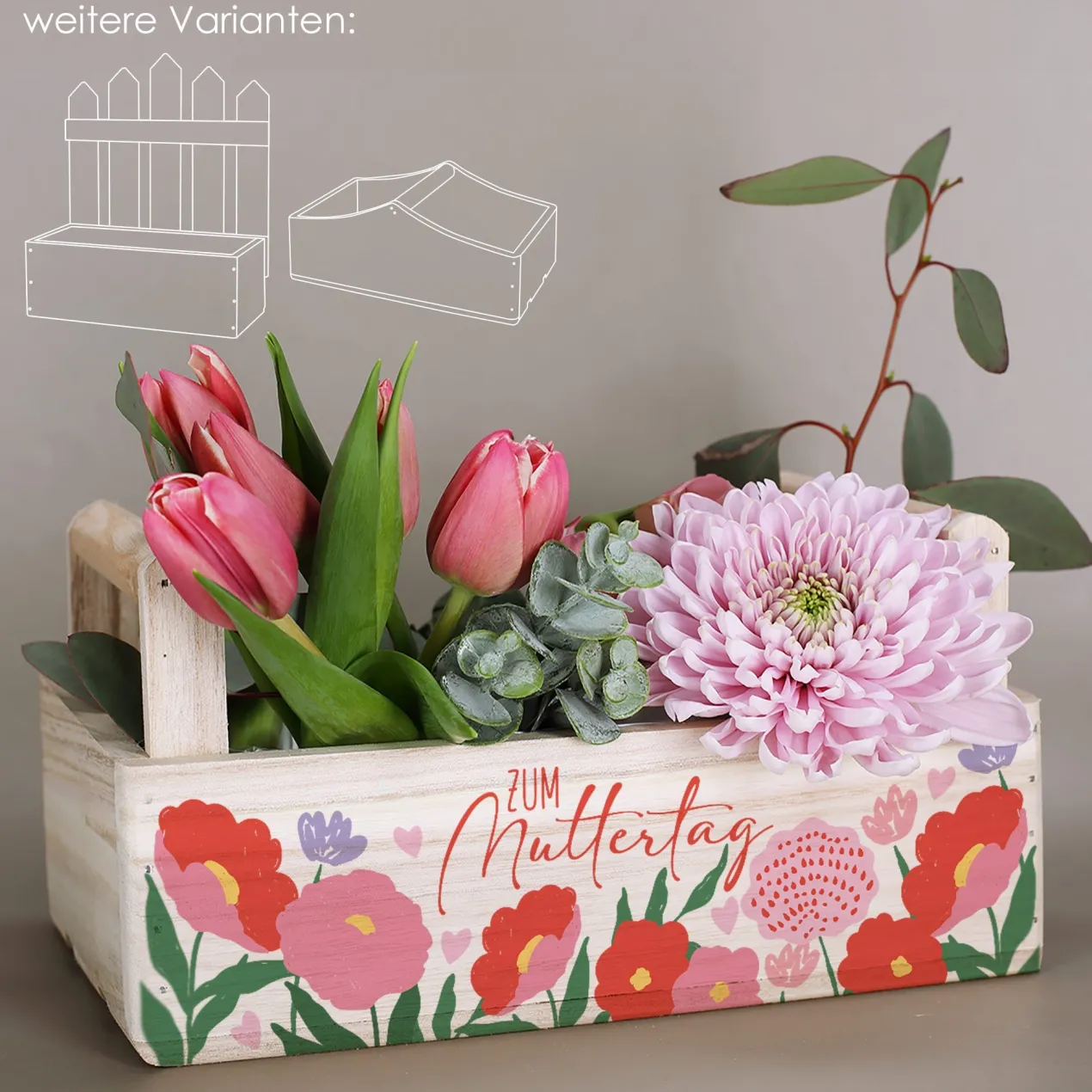 Pflanzkorb aus Holz zum Muttertag mit Blumenmotiv | Geschenkverpackung & Pflanzkiste in 3 Varianten