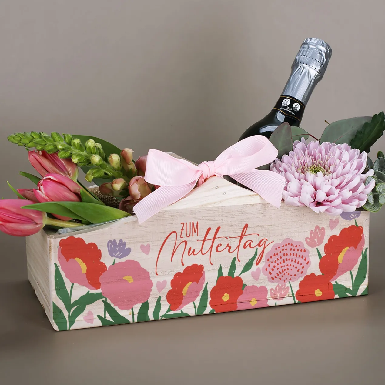 Pflanzkorb aus Holz zum Muttertag mit Blumenmotiv | Geschenkverpackung & Pflanzkiste in 3 Varianten
