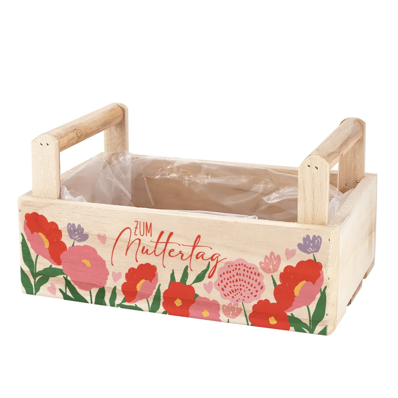 Pflanzkorb aus Holz zum Muttertag mit Blumenmotiv | Geschenkverpackung & Pflanzkiste in 3 Varianten