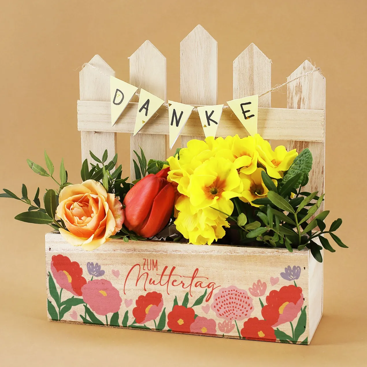 Pflanzkorb aus Holz zum Muttertag mit Blumenmotiv | Geschenkverpackung & Pflanzkiste in 3 Varianten