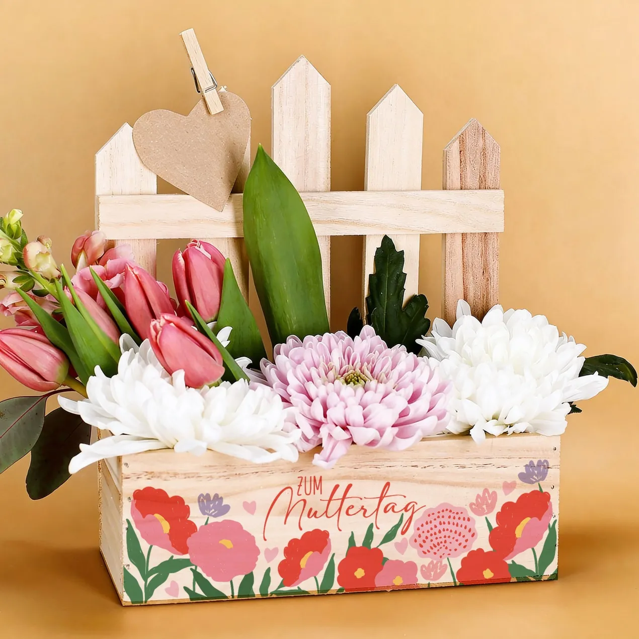 Pflanzkorb aus Holz zum Muttertag mit Blumenmotiv | Geschenkverpackung & Pflanzkiste in 3 Varianten