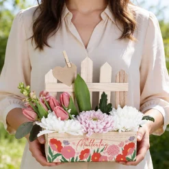 Pflanzkorb aus Holz zum Muttertag mit Blumenmotiv | Geschenkverpackung & Pflanzkiste in 3 Varianten