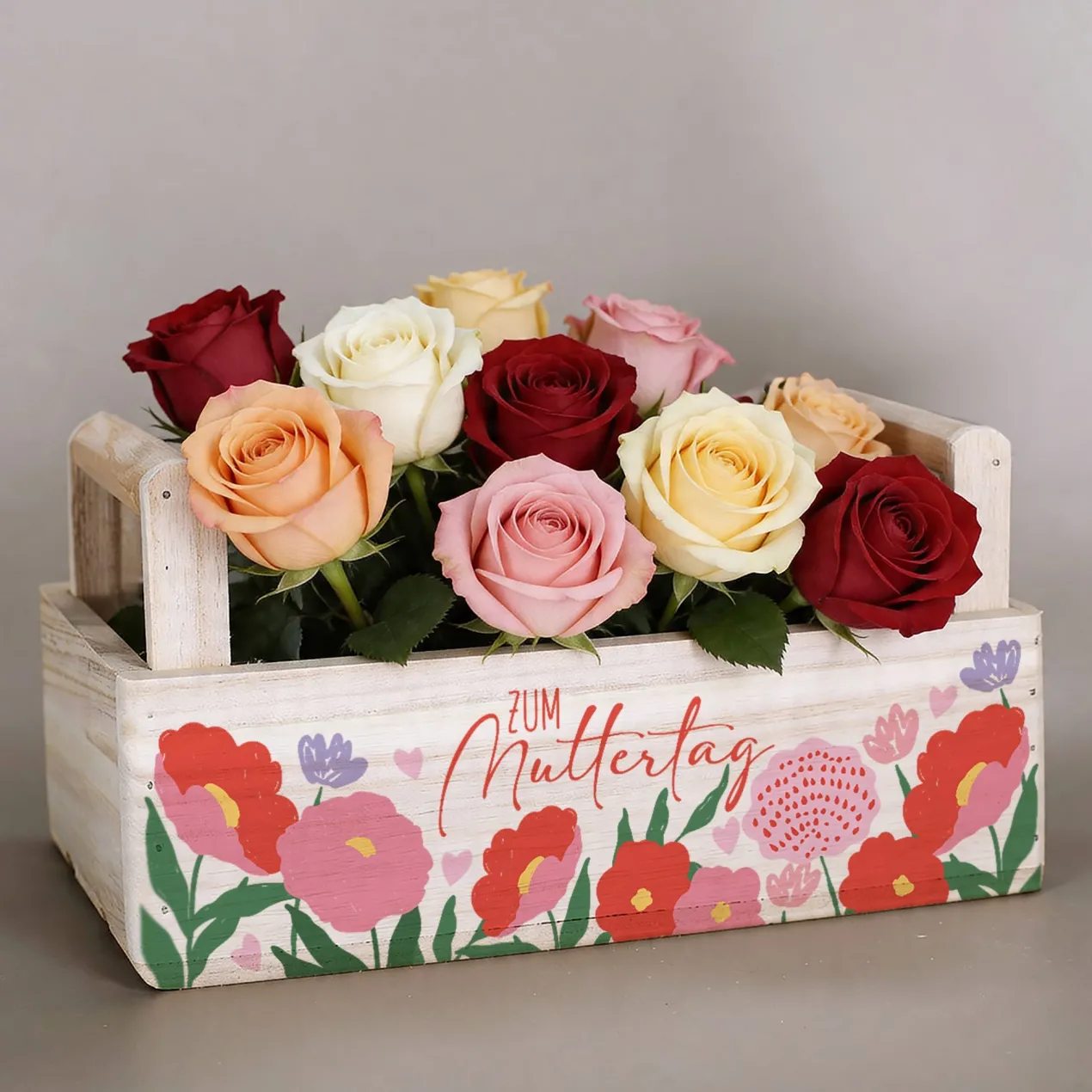 Pflanzkorb aus Holz zum Muttertag mit Blumenmotiv | Geschenkverpackung & Pflanzkiste in 3 Varianten