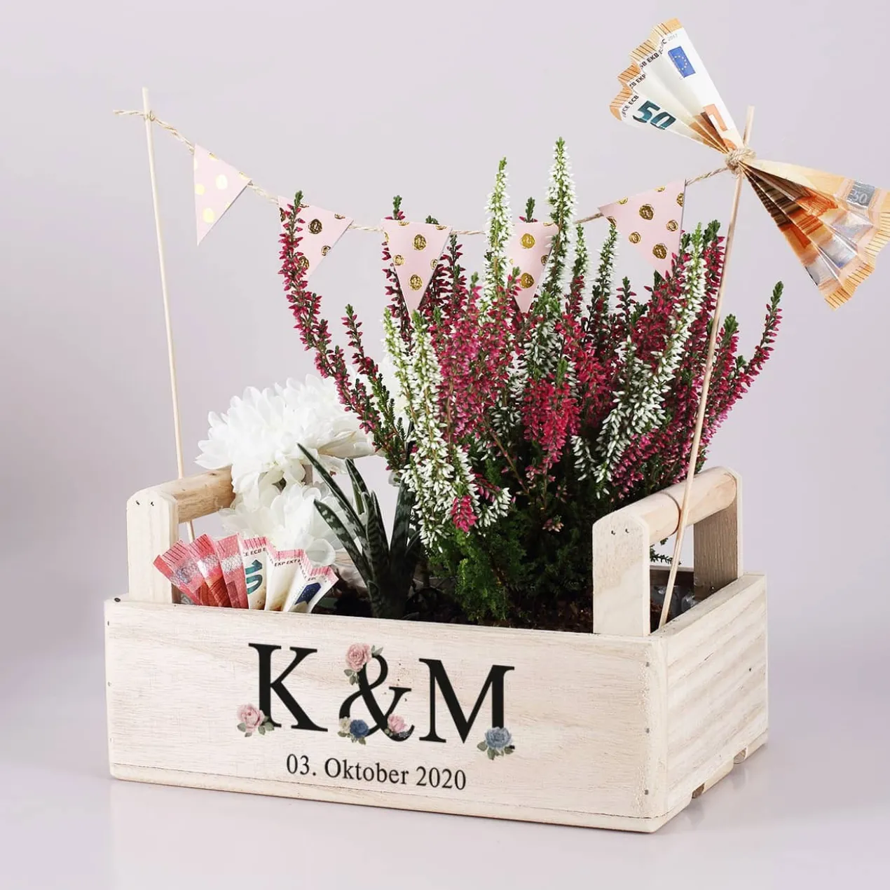 Pflanzkorb mit Vintage Motiv als Geldgeschenk zur Hochzeit oder Einzug