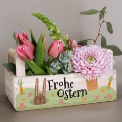 Pflanzkorb zu Ostern 'Frohe Ostern' aus Holz | Geschenkkorb mit Hasenmotiv in 3 Varianten