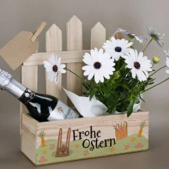Pflanzkorb zu Ostern 'Frohe Ostern' aus Holz | Geschenkkorb mit Hasenmotiv in 3 Varianten