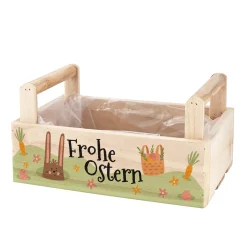 Pflanzkorb zu Ostern 'Frohe Ostern' aus Holz | Geschenkkorb mit Hasenmotiv in 3 Varianten