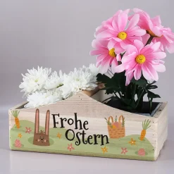 Pflanzkorb zu Ostern 'Frohe Ostern' aus Holz | Geschenkkorb mit Hasenmotiv in 3 Varianten