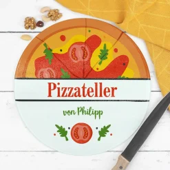 Pizzaglasteller bedruckt mit Pizzamotiv und Wunschtext