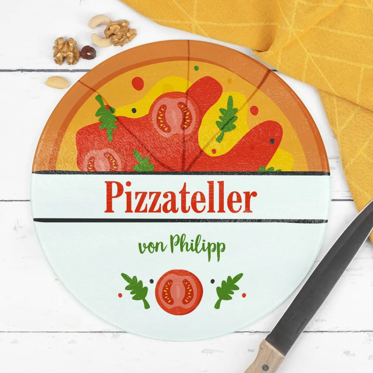 Pizzaglasteller bedruckt mit Pizzamotiv und Wunschtext