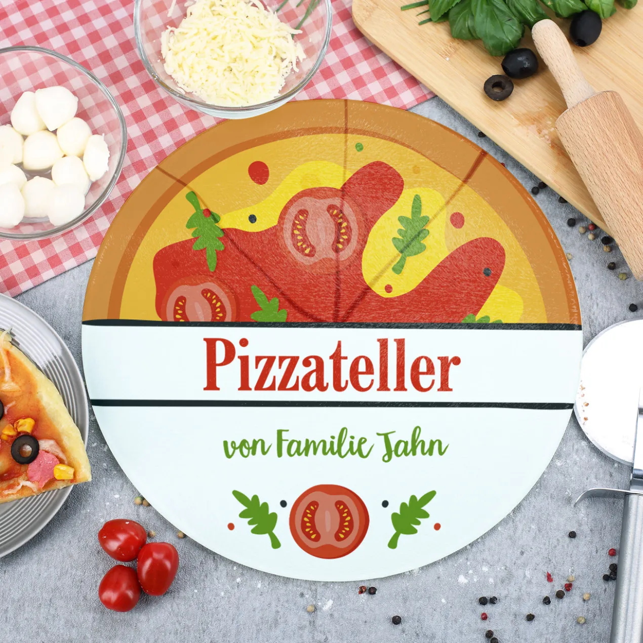 Pizzaglasteller bedruckt mit Pizzamotiv und Wunschtext