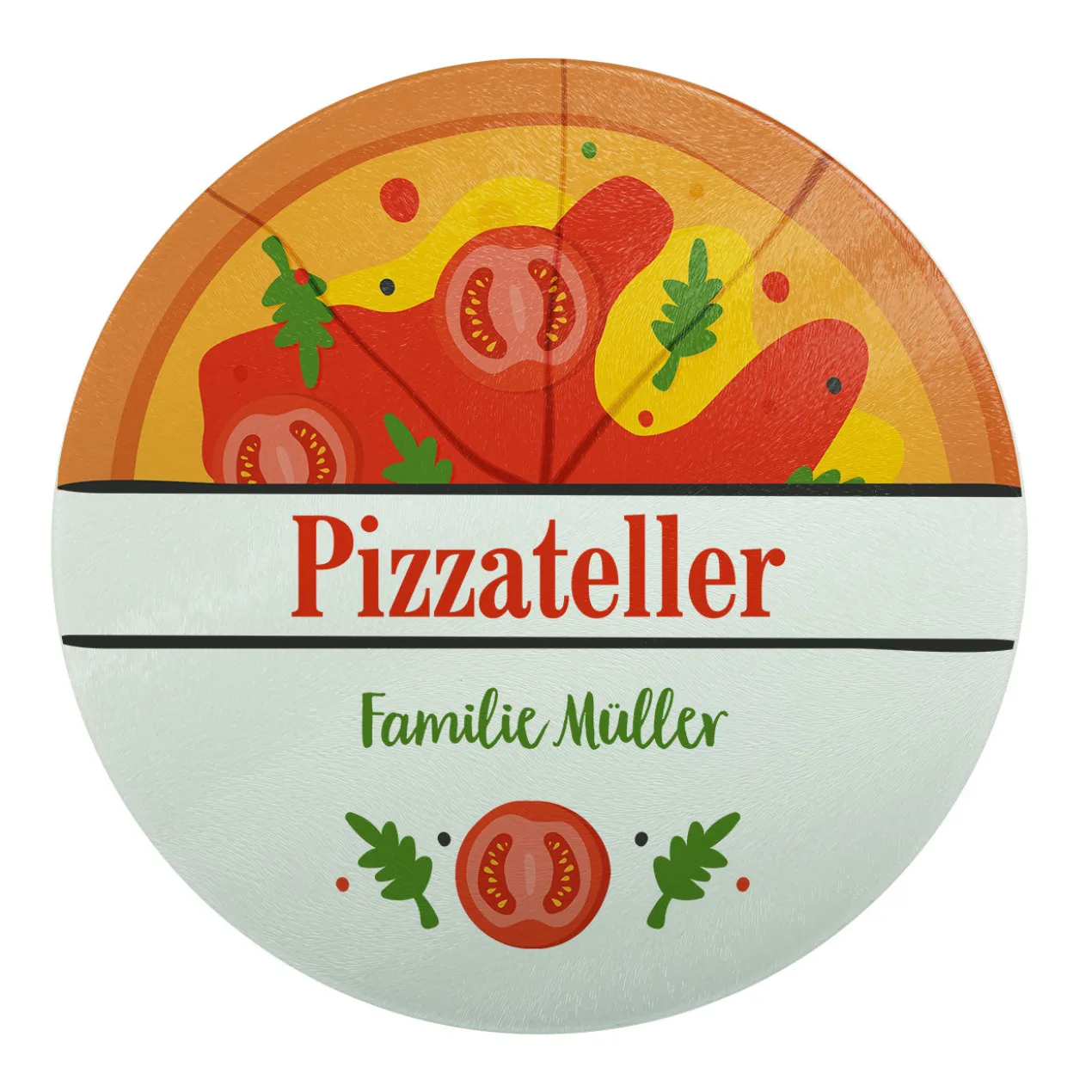 Pizzaglasteller bedruckt mit Pizzamotiv und Wunschtext