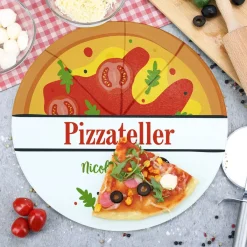 Pizzaglasteller bedruckt mit Pizzamotiv und Wunschtext