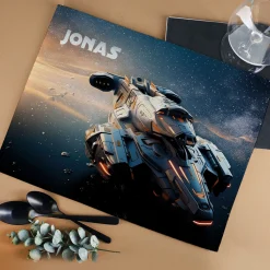Platzdeckchen aus Stoff mit Raumschiff-Motiv und Name personalisiert für Jungen und Gamer