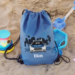 Polizei Sportbeutel mit Streifenwagen und Name als Einschulungsgeschenk