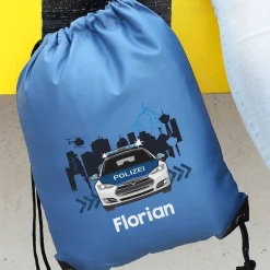 Polizei Sportbeutel mit Streifenwagen und Name als Einschulungsgeschenk