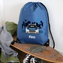 Polizei Sportbeutel mit Streifenwagen und Name als Einschulungsgeschenk