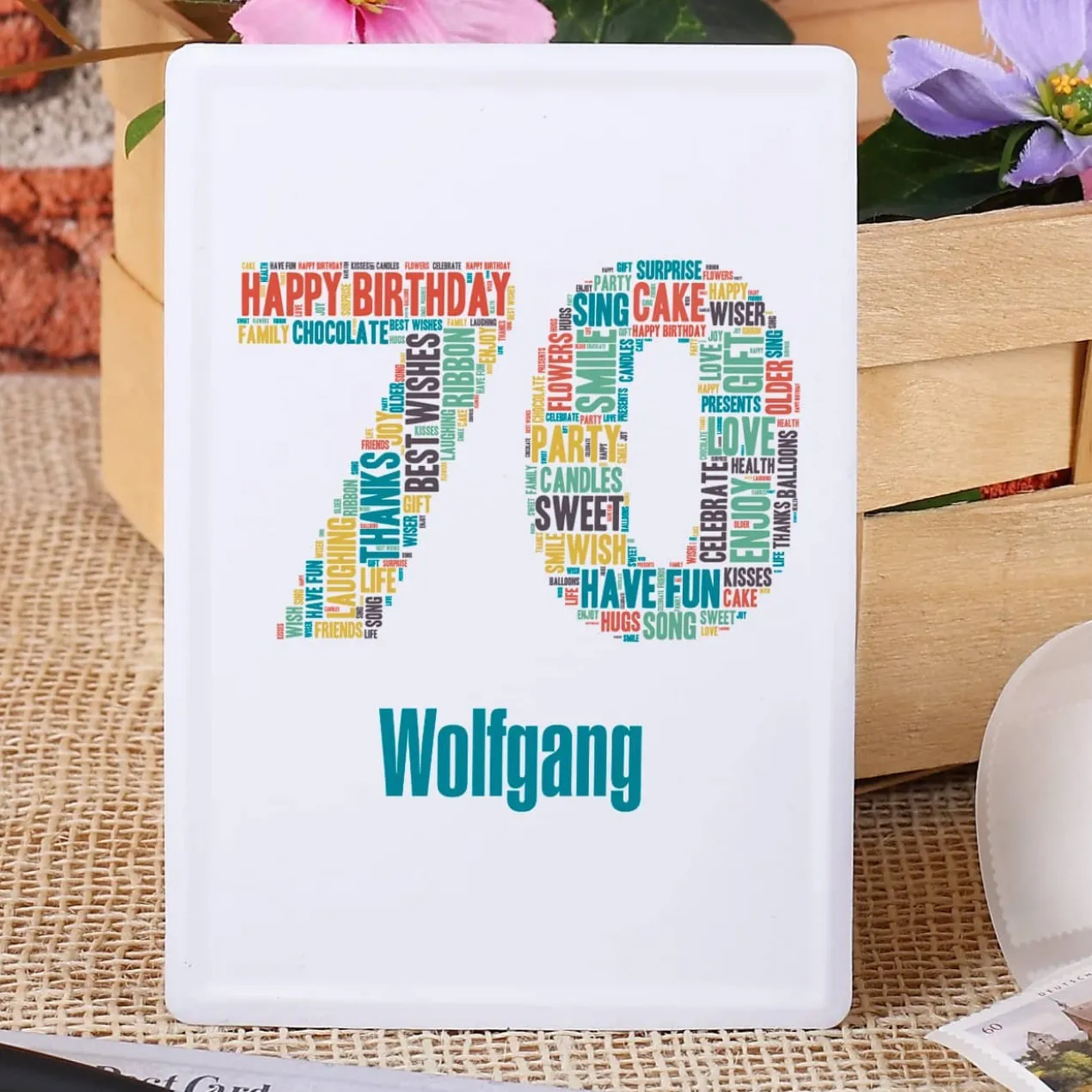 Postkarte aus Blech mit Name zum 70. Geburtstag
