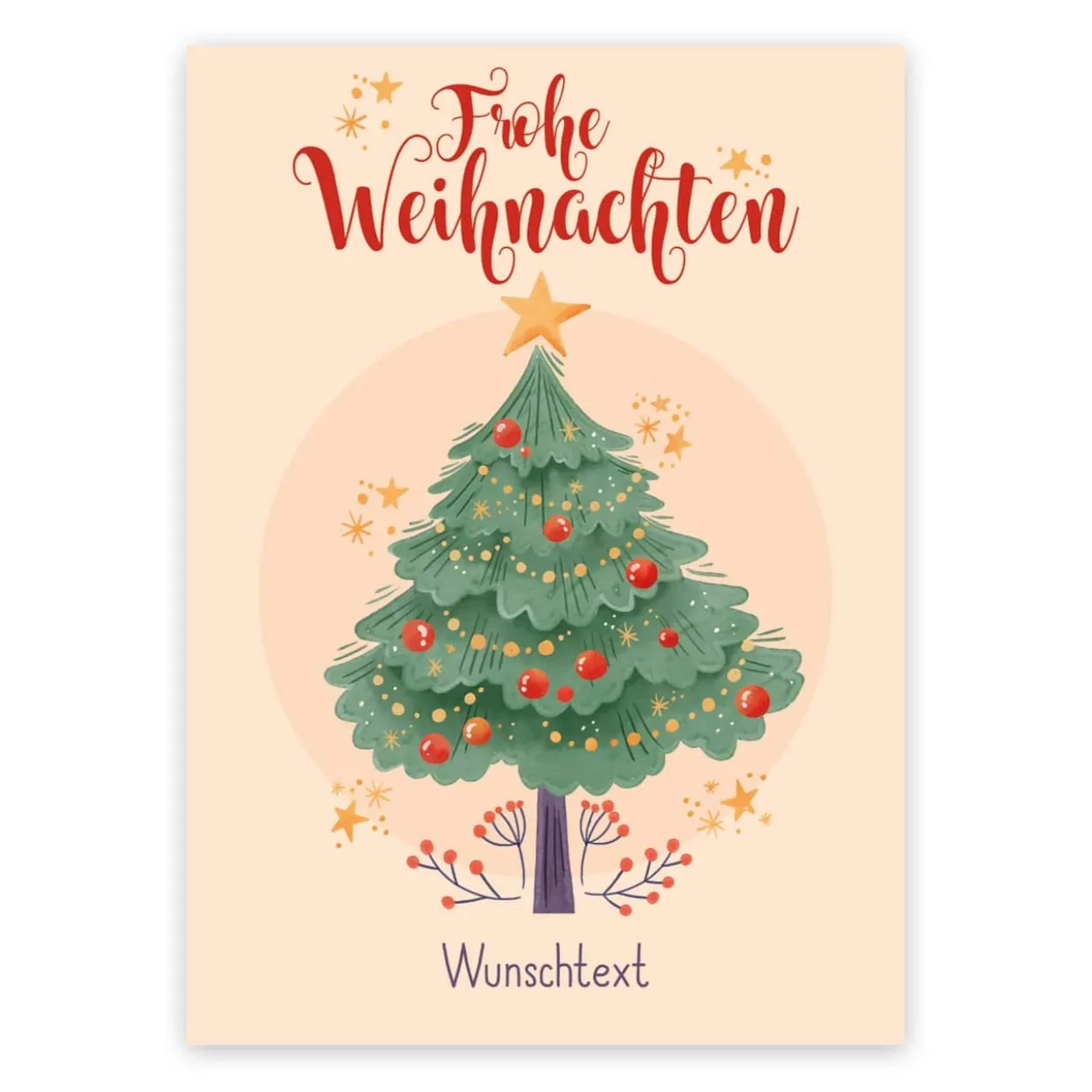 Postkarte - Frohe Weihnachten - mit Weihnachtsbaum, Sternen und Wunschtext