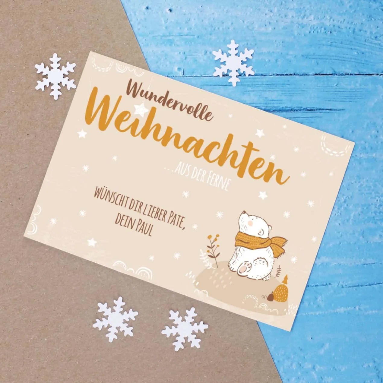 Postkarte - wundervolle Weihnachten aus der Ferne - mit niedlichem Eisbär und Ihrem Wunschtext