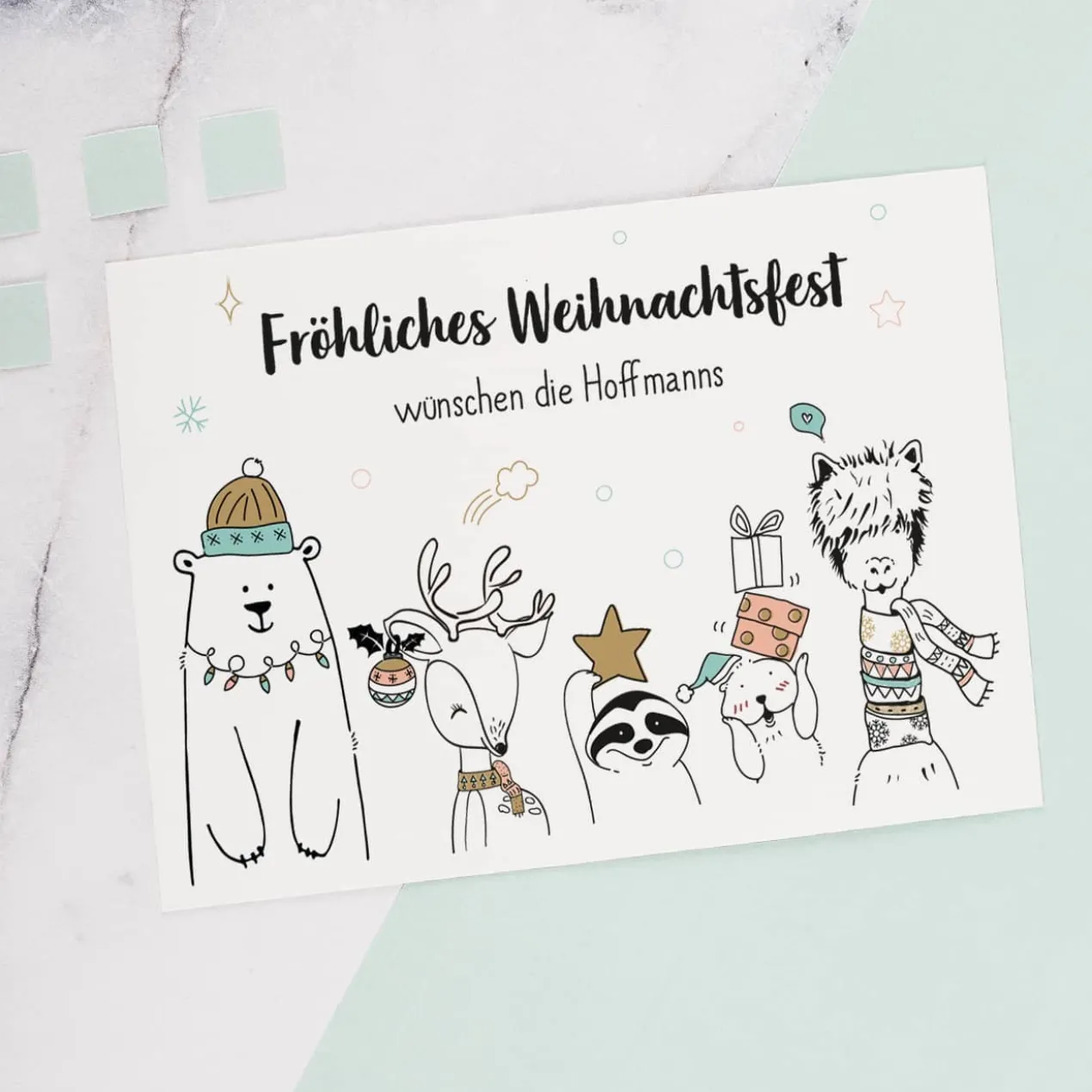 Postkarte zu Weihnachten - lustige Wintertiere - mit Wunschtext