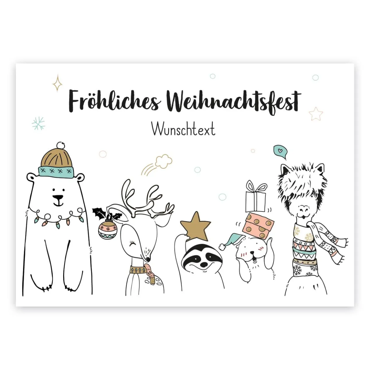 Postkarte zu Weihnachten - lustige Wintertiere - mit Wunschtext