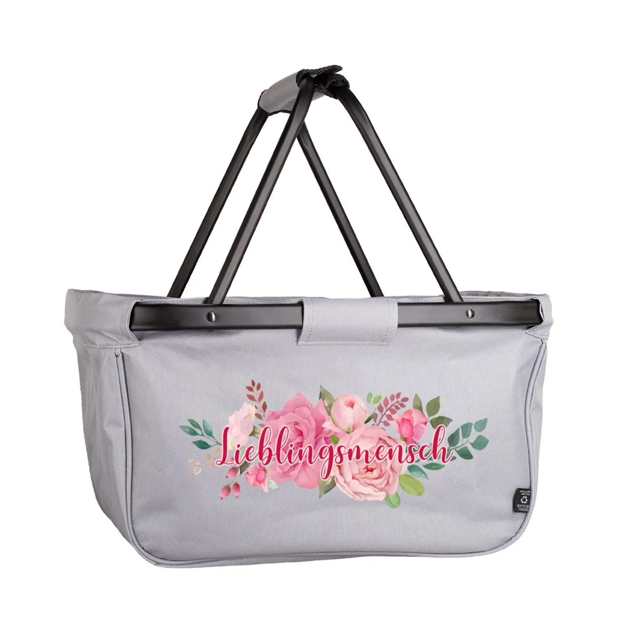 Praktischer Einkaufskorb mit Blumenbouquet und individuellem Aufdruck