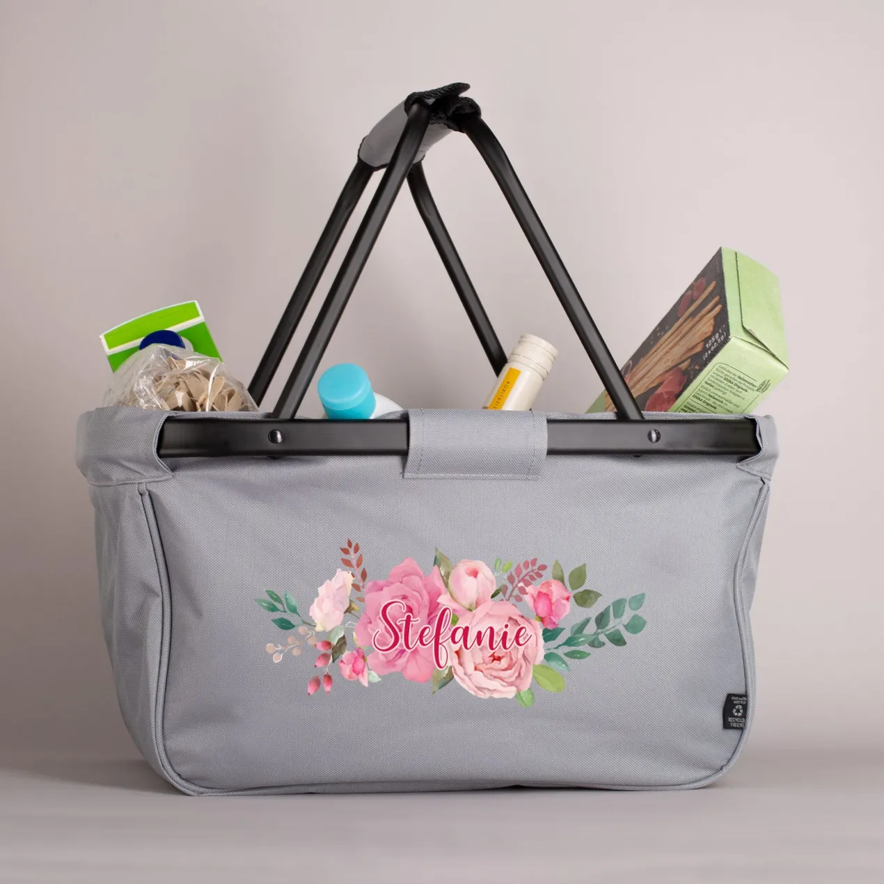 Praktischer Einkaufskorb mit Blumenbouquet und individuellem Aufdruck