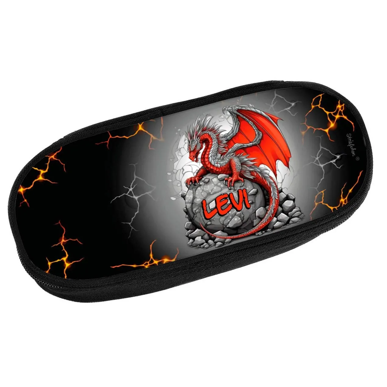 Praktische Stiftebox mit rotem Drache und Name