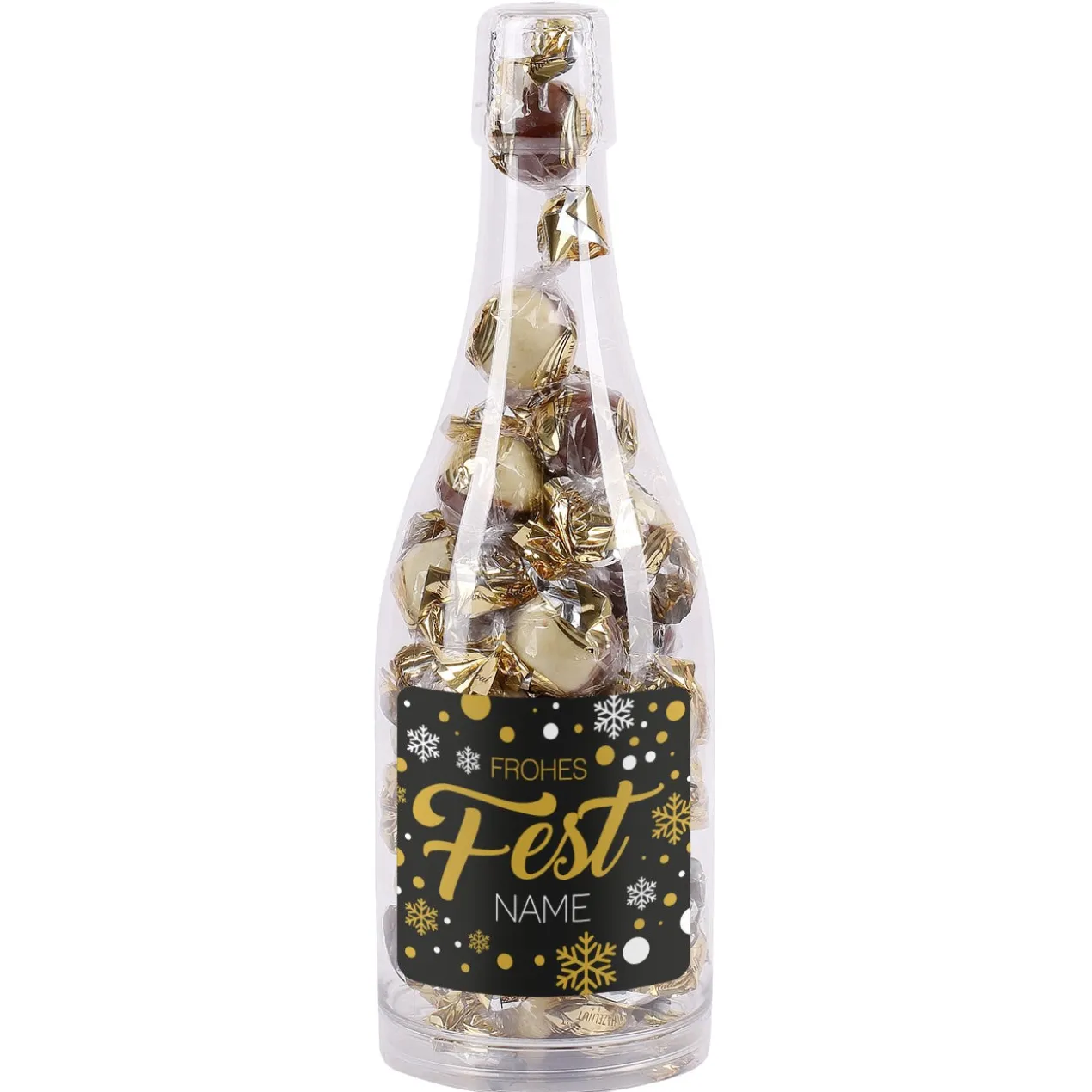 Pralinenflasche - Frohes Fest - mit Haselnuss oder Cappuccino Pralinen